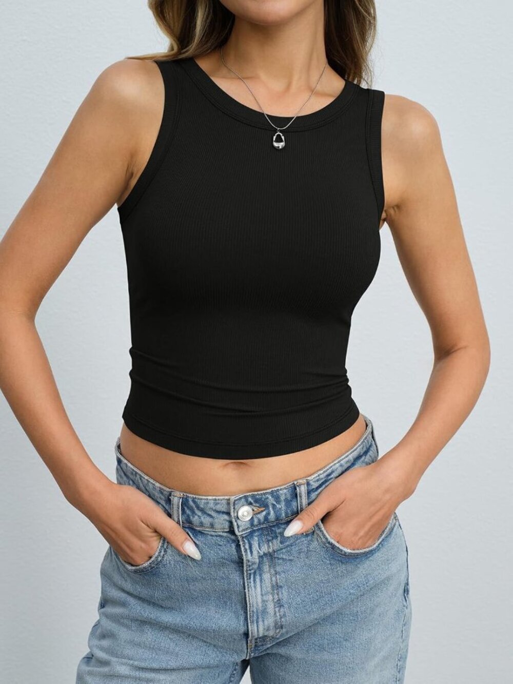〽️Women's Black Short Sleeveless High Neck Slim Fit Shirts Crop Tank Tops